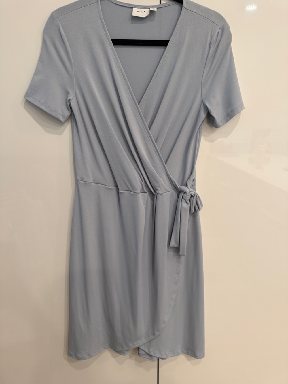 VILA Pale Blue Short-Sleeve Wrap Mini Dress with Side Tie